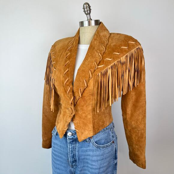 Contempo Casuals Vintage 80s Genuine Suede Western Fringe Crop Jacket (Sz S) - Picture 4 of 16